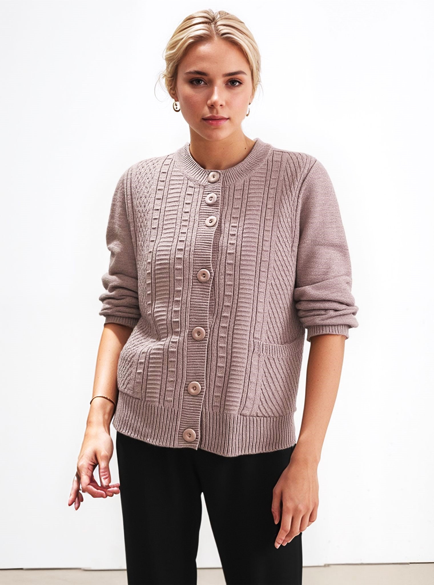 Women's Button-Down Knit Cardigan - Casual Sweater with Pockets