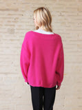 Hot Pink V-Neck Sweater with Brooch