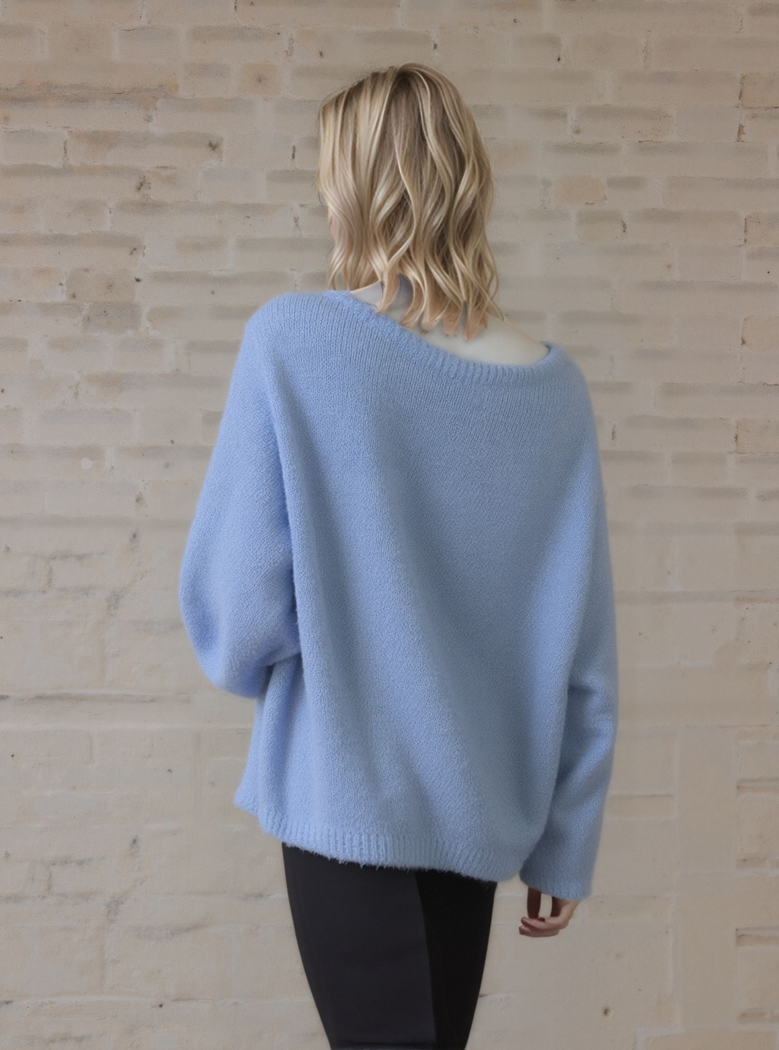 Sky Blue V-Neck Sweater -  Soft Knit Pullover with Stylish Brooch