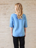 Elegant Women's Light Blue Pleated Sleeve Knit Top