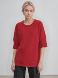 Red Ribbed Sleeve Knit Top - Short Sleeve Sweater