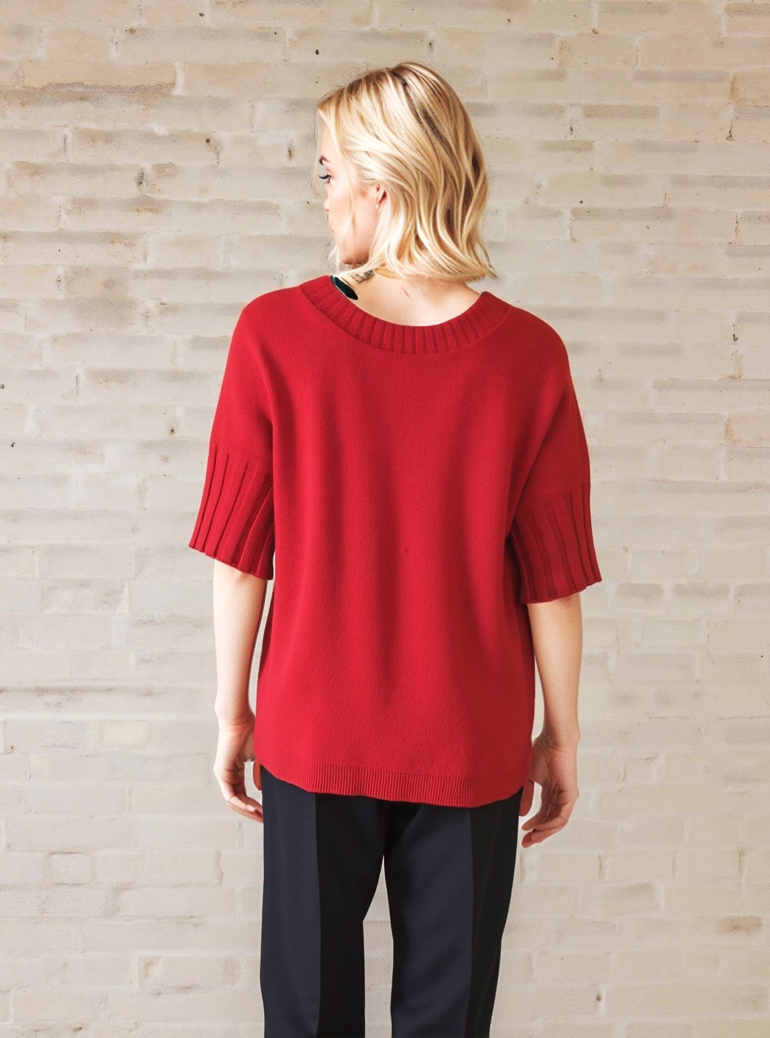 Red Ribbed Sleeve Knit Top - Short Sleeve Sweater