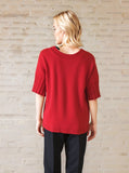 Red Ribbed Sleeve Knit Top - Short Sleeve Sweater