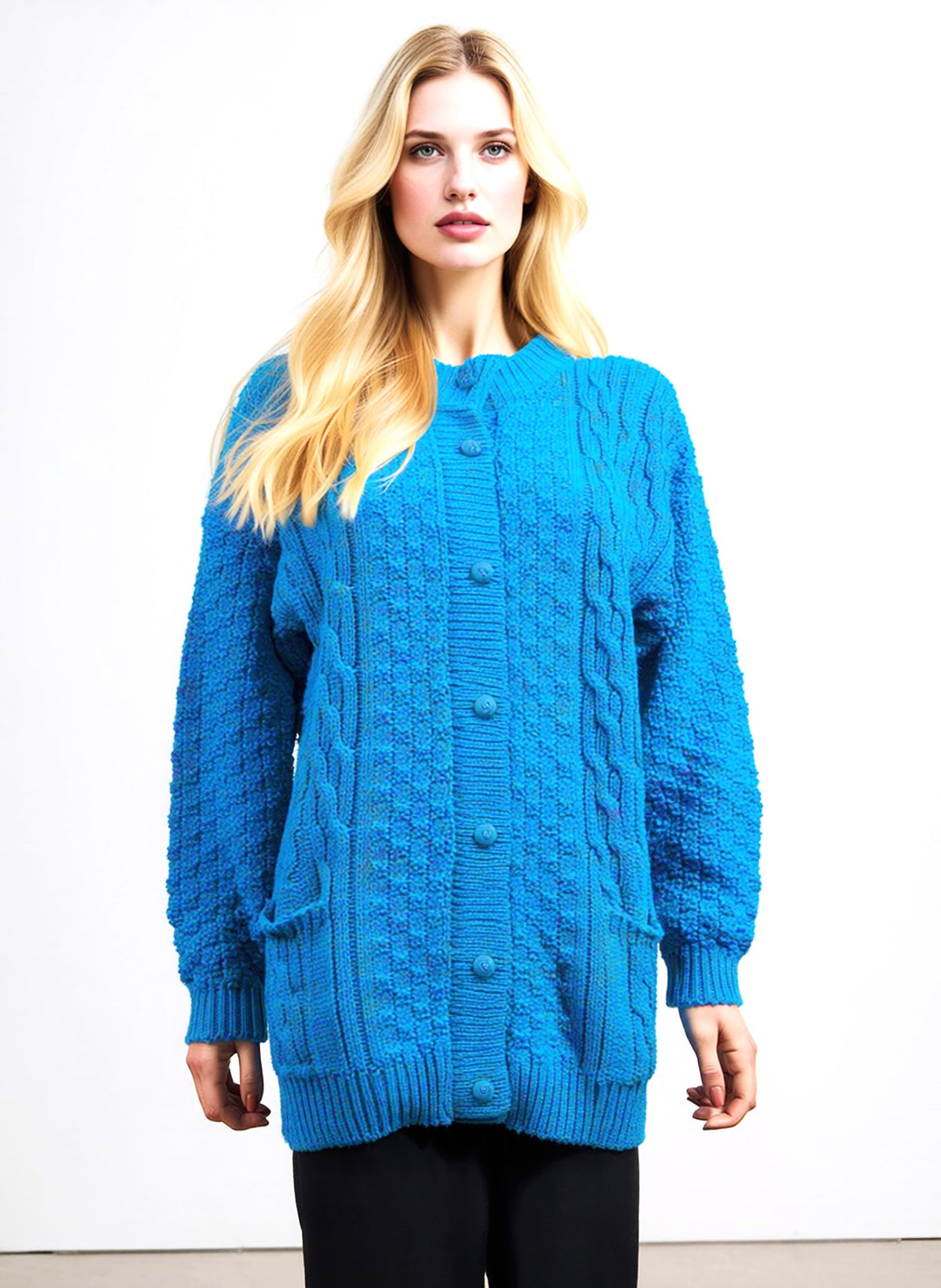 Vibrant Blue Textured Knit Button-Front Cardigan for Women - Cozy & Stylish Long Sleeve Sweater with Pockets