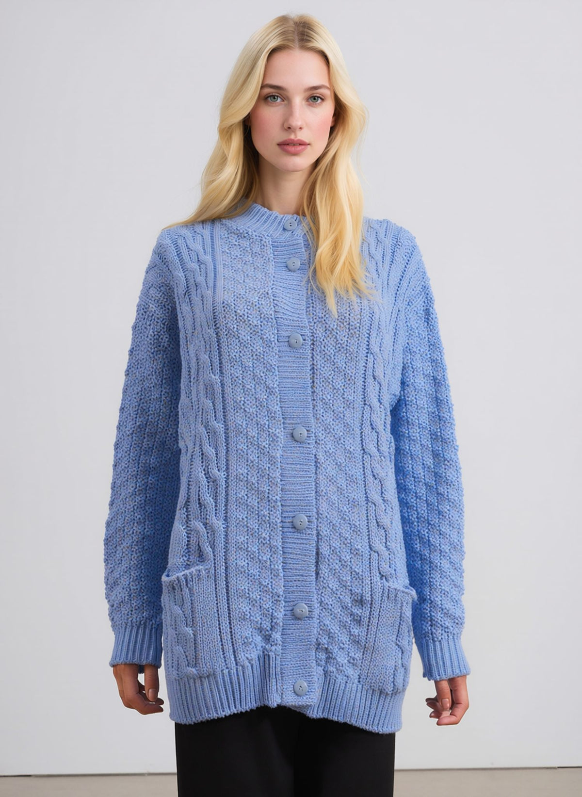Classic Blue Cable Knit Cardigan for Women - Button-Front Long Sleeve Sweater with Pockets, Cozy & Stylish