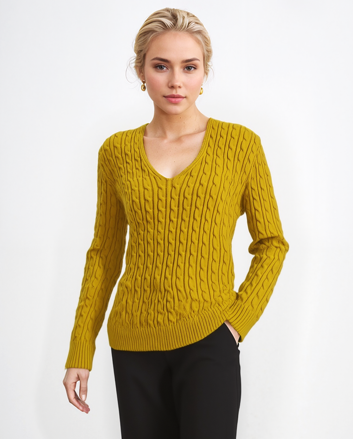 Mustard V-Neck Cable Knit Jumper
