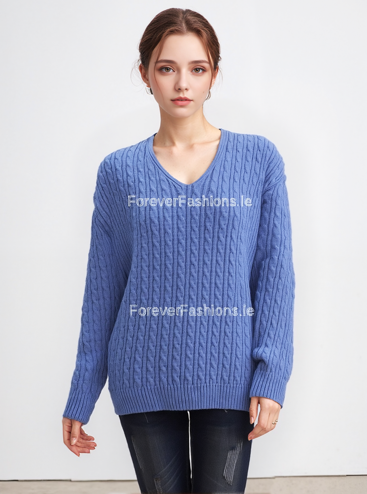 Blue V-Neck Cable Knit Jumper
