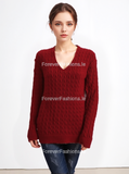 Red V-Neck Cable Knit Jumper
