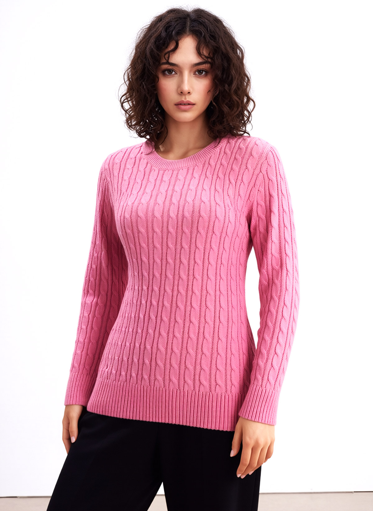 Pink Round Neck Cable Knit Jumper