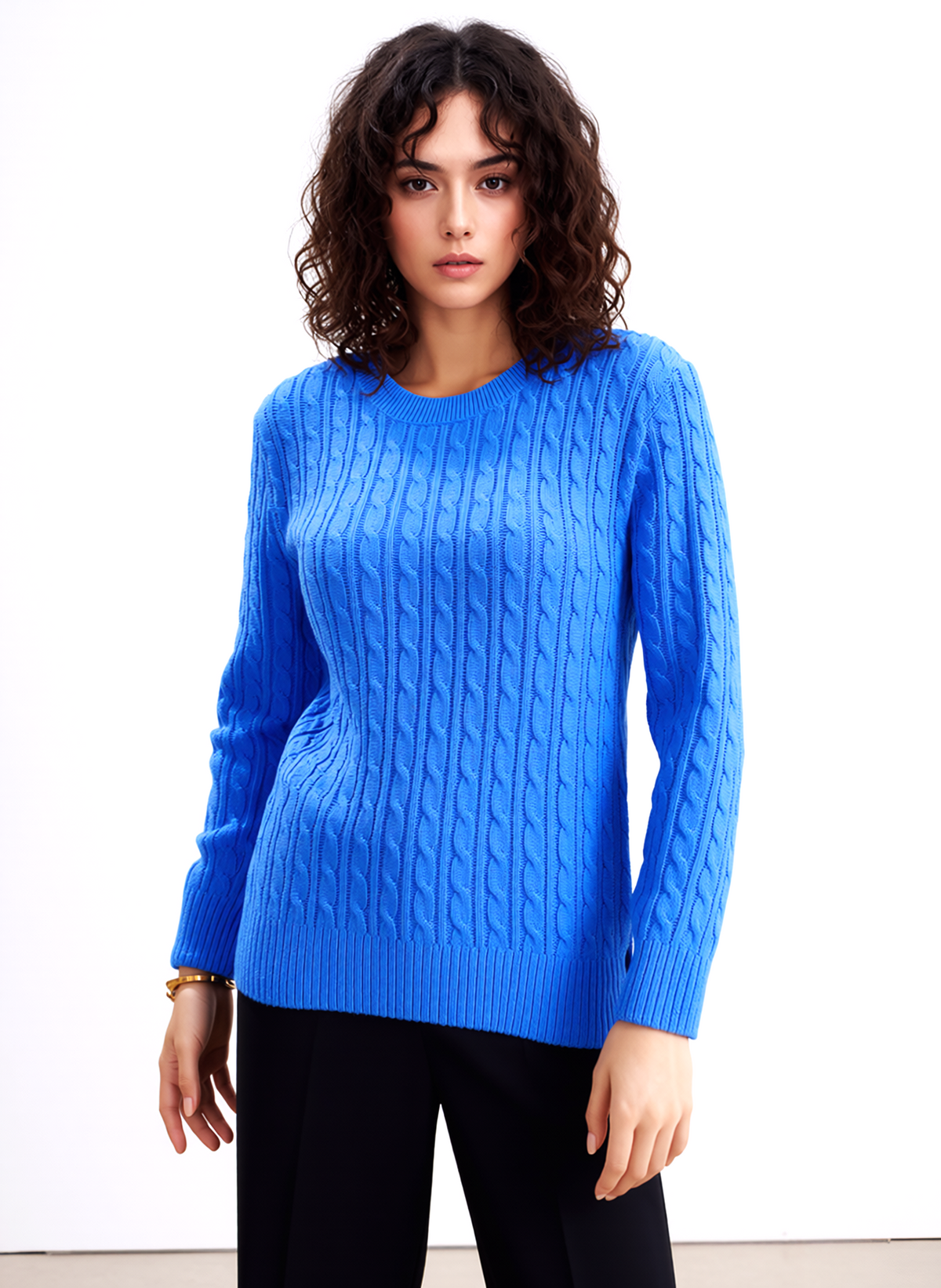 Blue Round Neck Cable Knit Jumper