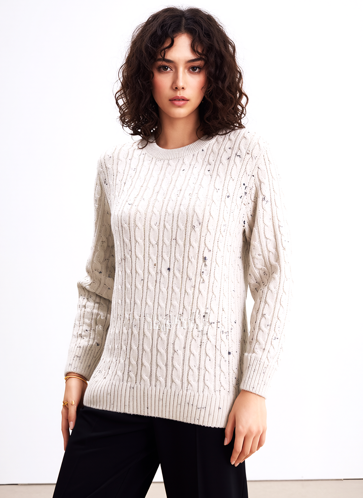 Flax Round Neck Cable Knit Jumper