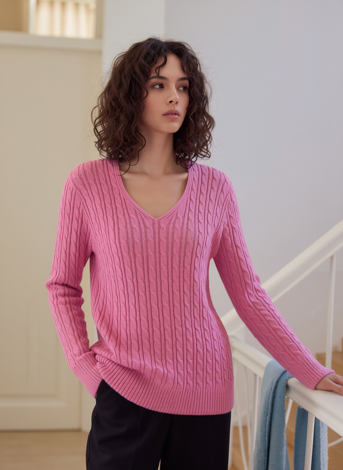 Pink V-Neck Cable Knit Jumper