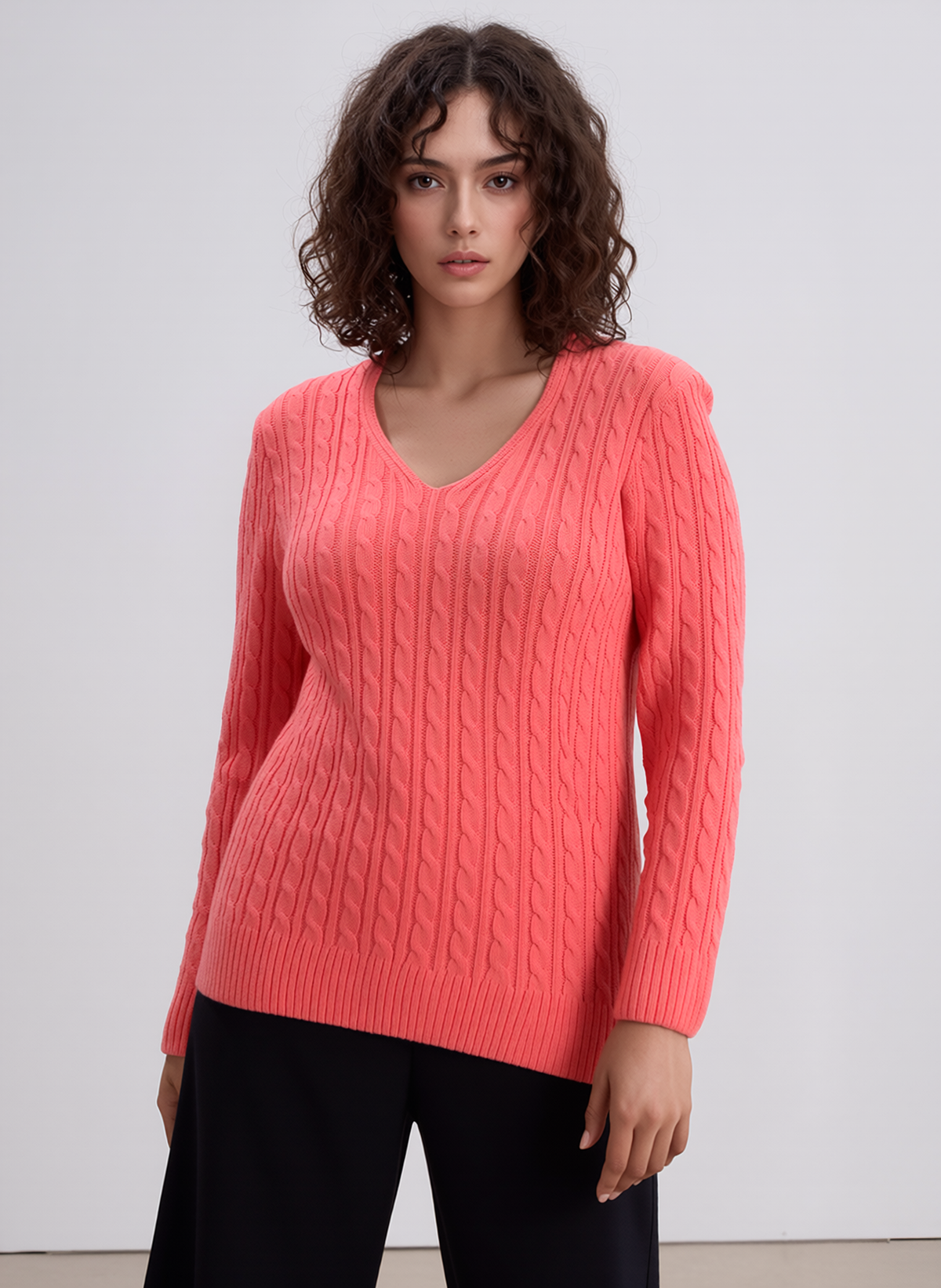 Coral V-Neck Cable Knit Jumper