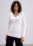 White V-Neck Cable Knit Jumper