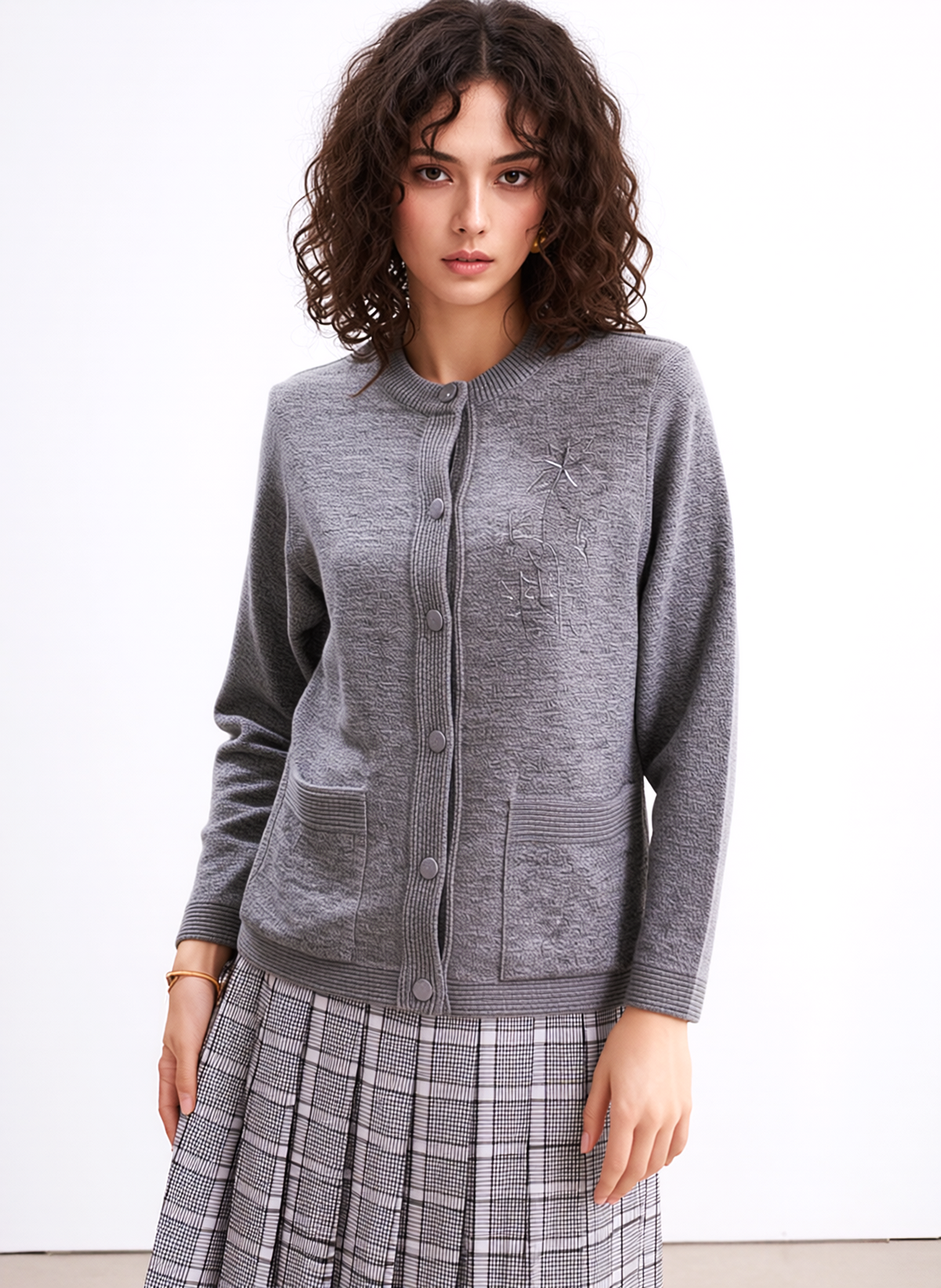 Grey Round Neck Button Cardigan
