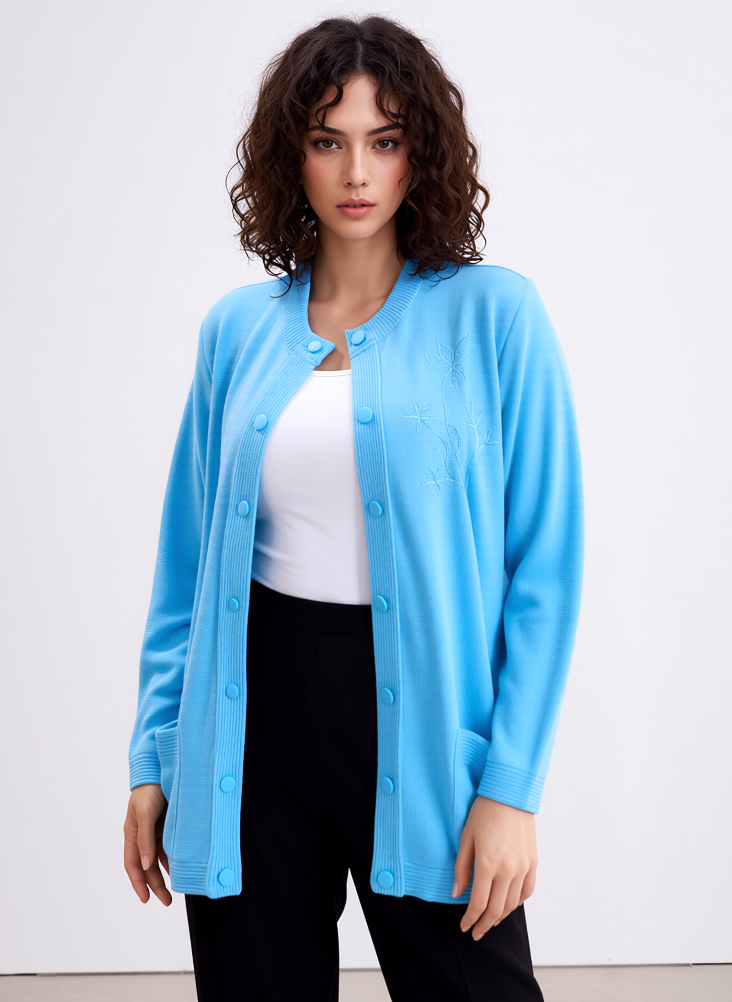 Blue Round Neck Button Pocket Cardigan