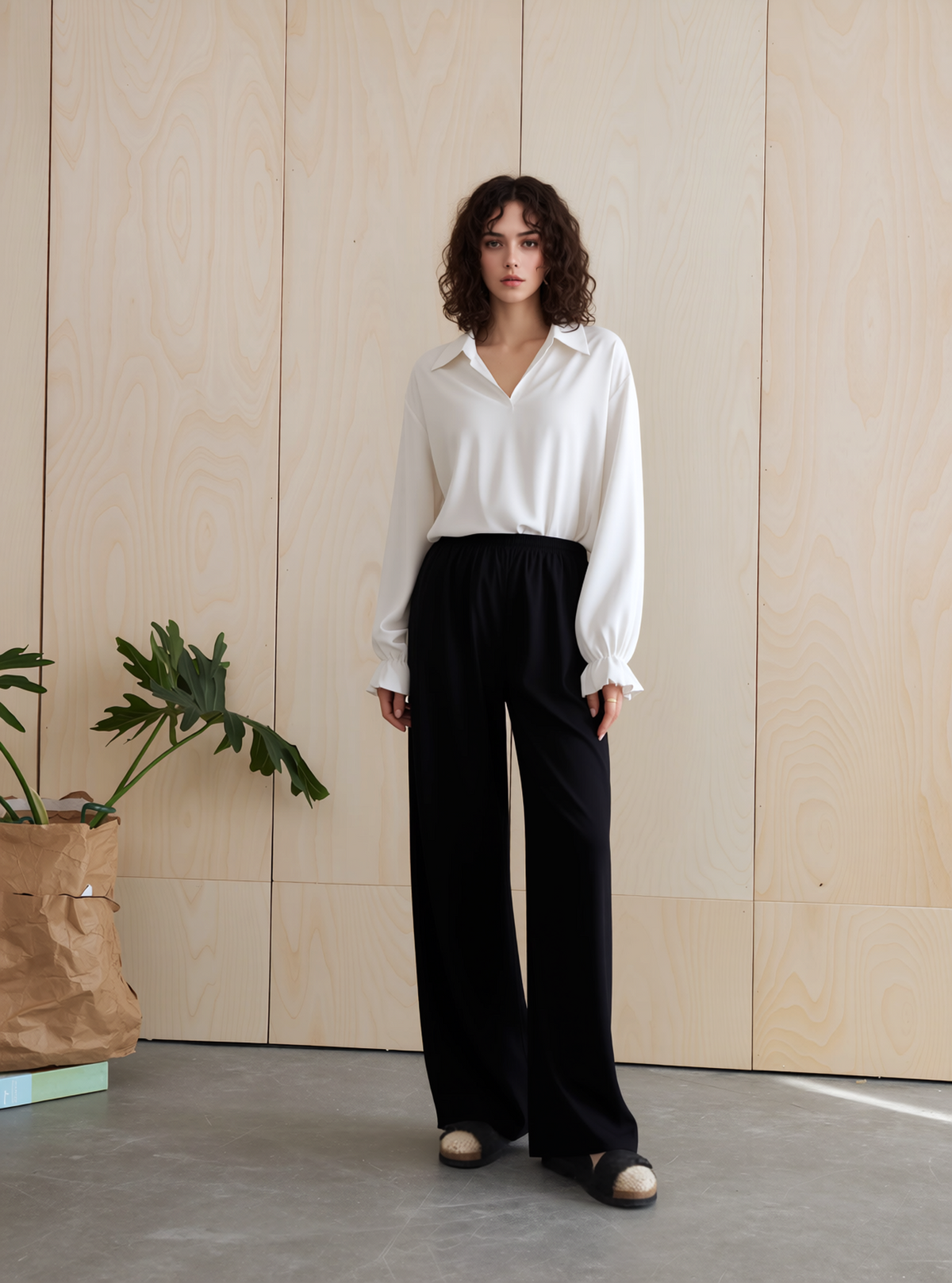Black Wide Leg Trousers with Elastic Waist