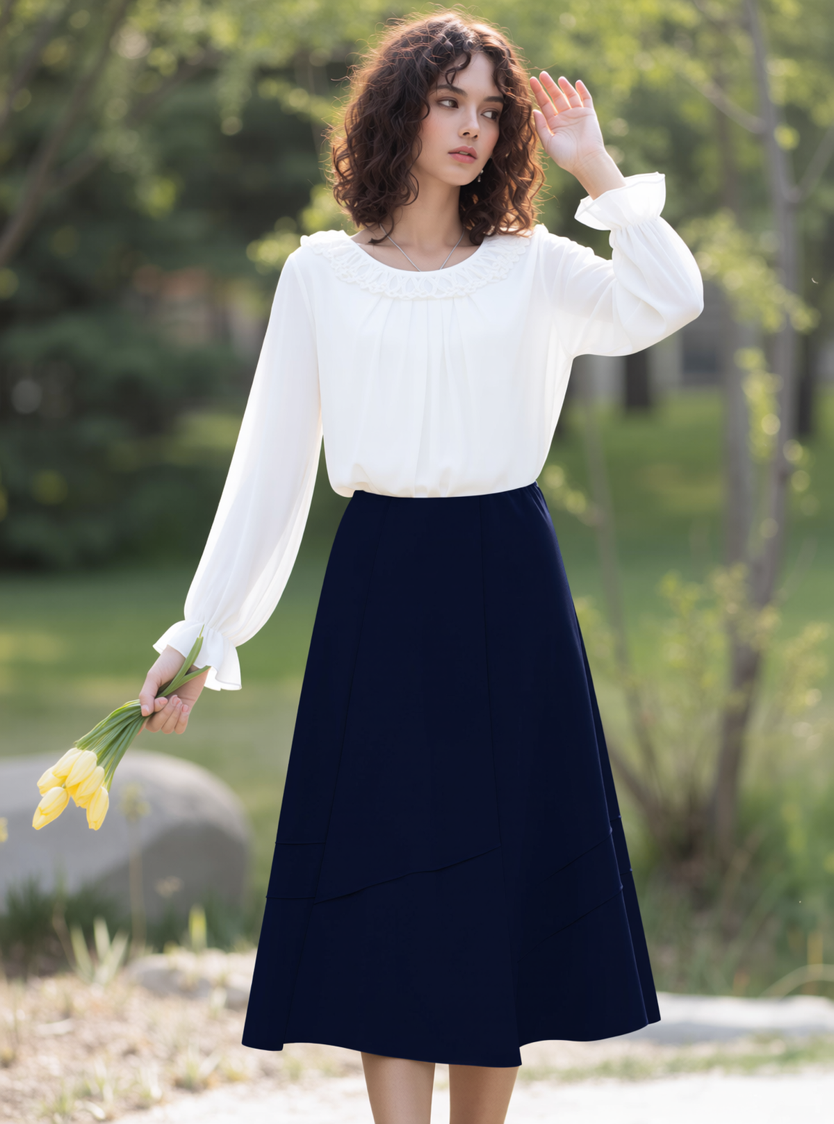 Navy Lined Elasticated A-Line Skirt