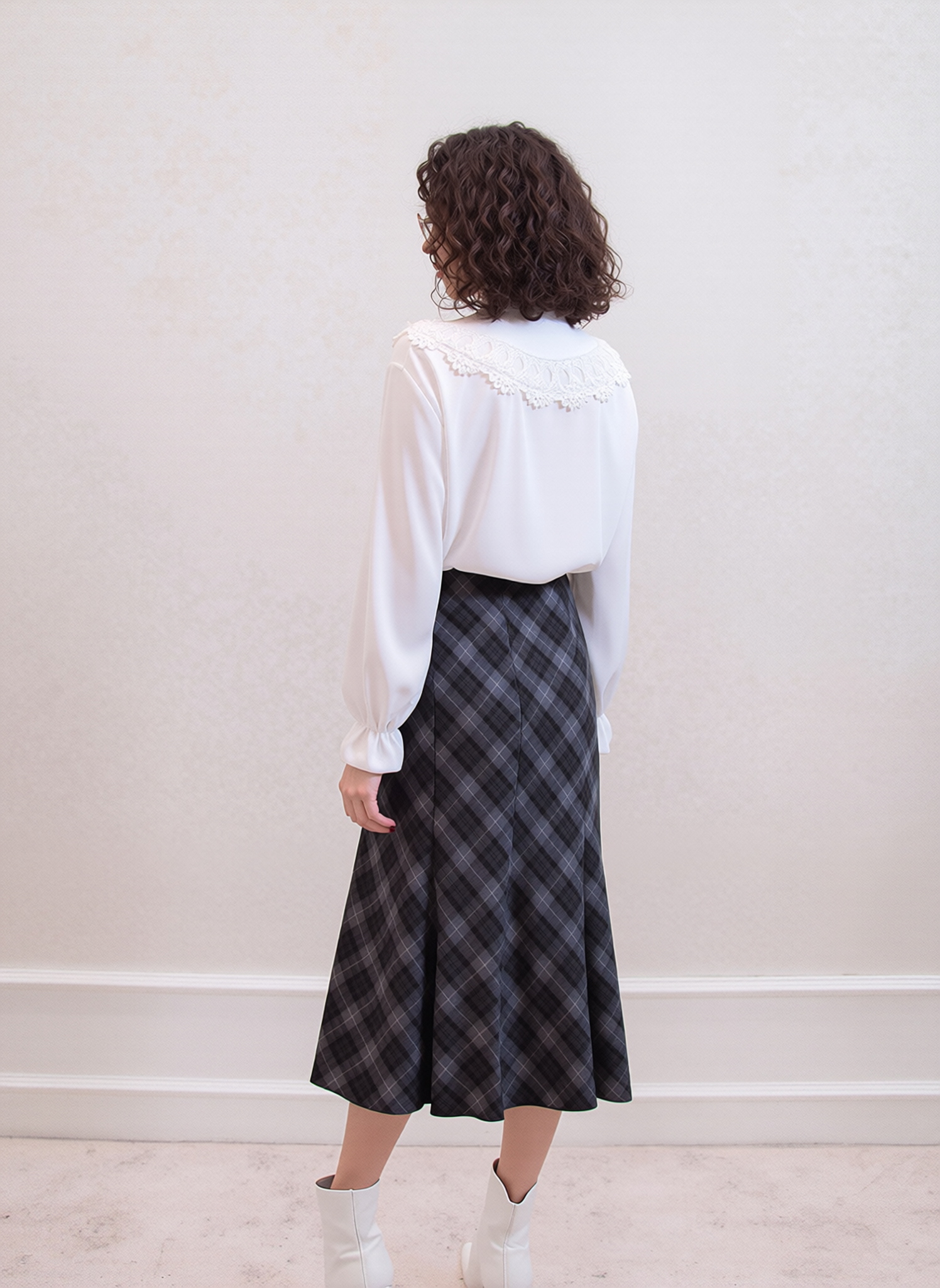 Grey & Black Elasticated Lined A-Line Checked Tartan Skirt