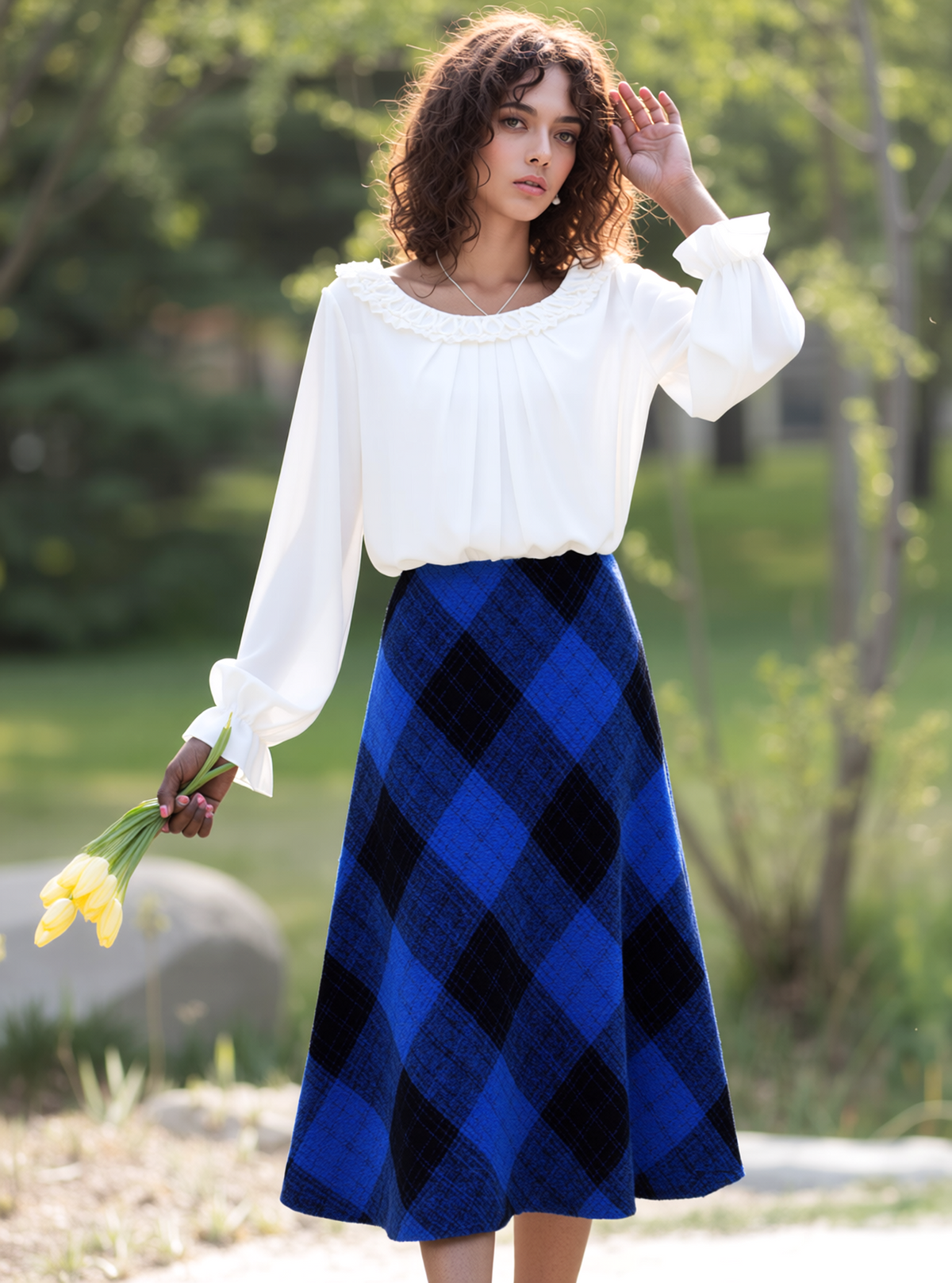 Blue Elasticated Lined A-Line Checked Tartan Warm Skirt