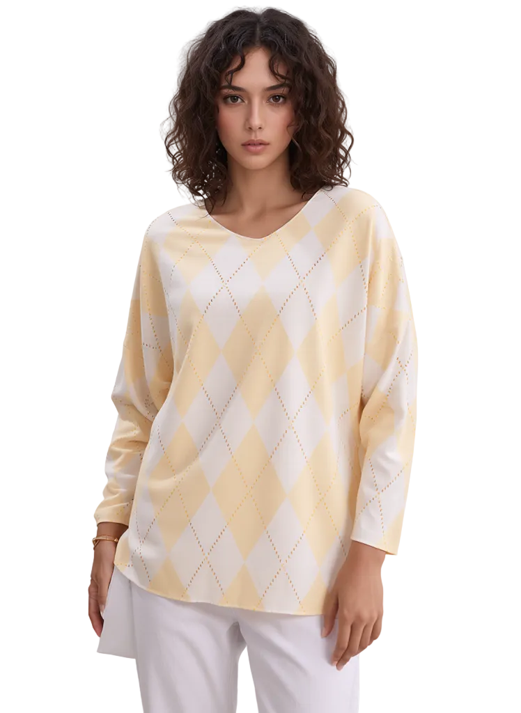 Women's Elegant Light Yellow & White Argyle V-Neck Knit Sweater | Soft Long Sleeve Pullover Top