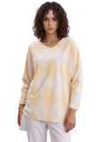 Women's Elegant Light Yellow & White Argyle V-Neck Knit Sweater | Soft Long Sleeve Pullover Top