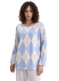 Women's Blue & Cream Argyle V-Neck Sweater - Classic Knit Pullover Top