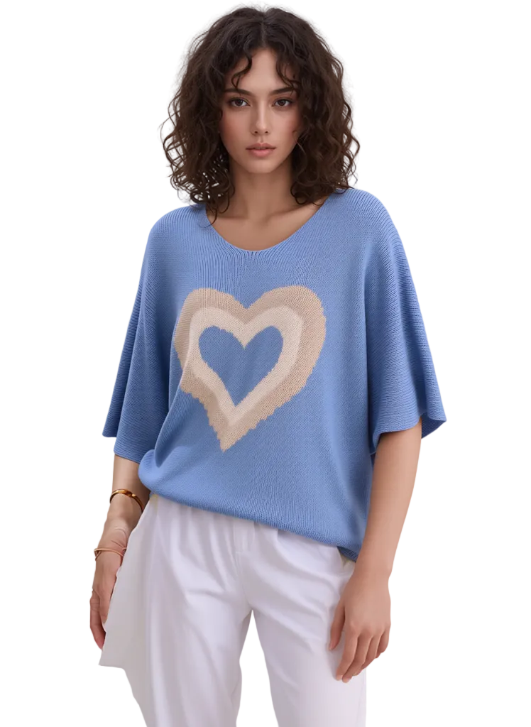 Women's Light Blue Heart Print V-Neck Knit Sweater – Loose Fit Dolman Sleeve Top