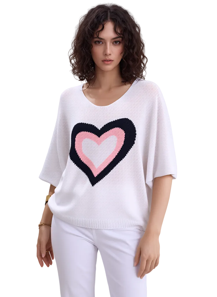Women's Heart Print Oversized Knit Sweater Top | Loose Batwing Sleeve Lightweight Jumper