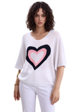 Women's Heart Print Oversized Knit Sweater Top | Loose Batwing Sleeve Lightweight Jumper