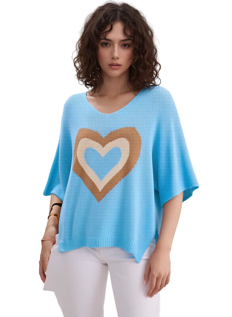 Turquoise Heart Print Knit Sweater for Women | V-Neck Dolman Sleeve Casual Top