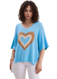 Turquoise Heart Print Knit Sweater for Women | V-Neck Dolman Sleeve Casual Top