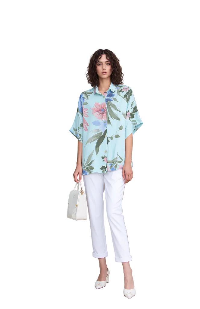 Women's Mint Green Floral Blouse | Relaxed Fit Short Sleeve Button-Down Shirt Top