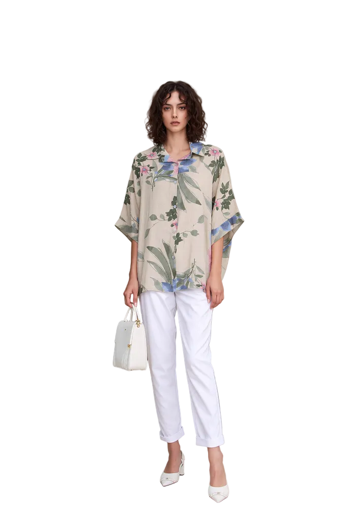 Elegant Women's Beige Floral Print Blouse | Relaxed Fit Kimono Sleeve Summer Top | Chic Casual Button-Up Shirt