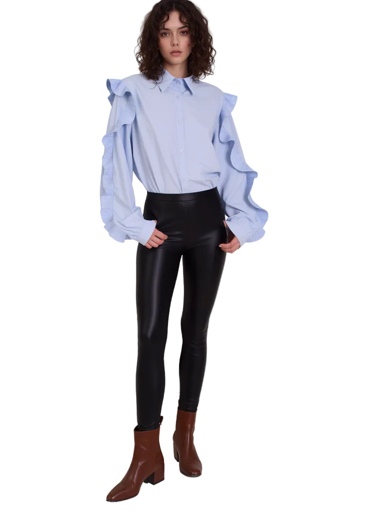 Elegant Light Blue Ruffled Long Sleeve Blouse for Women - Chic Collared Shirt Top for Work & Casual