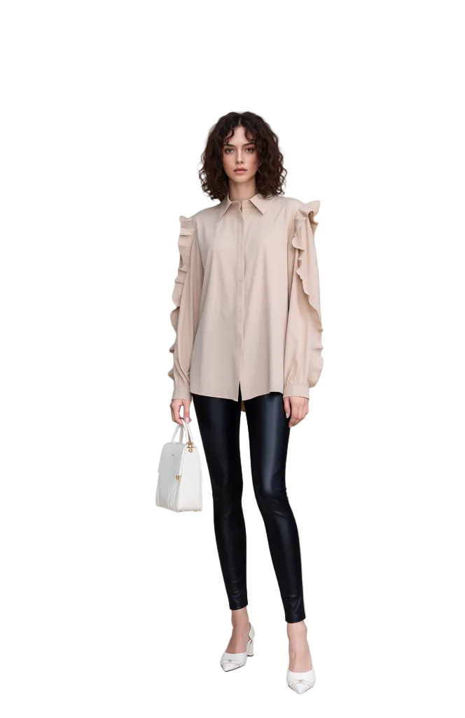 Elegant Beige Ruffle Sleeve Button-Down Blouse - Women's Chic Long Sleeve Collared Shirt TOP Top