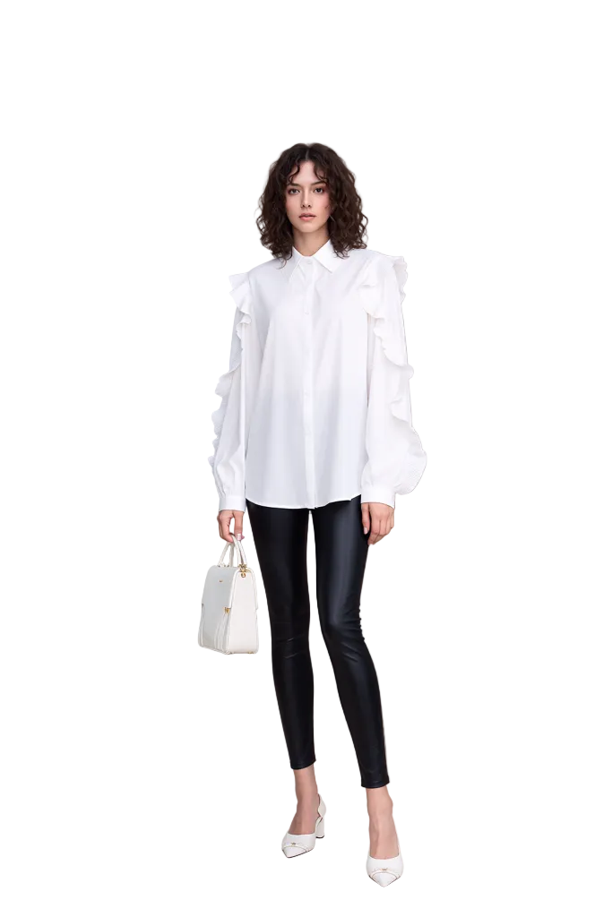 Women's Elegant White Ruffle Long Sleeve Blouse - Chic Button-Up Shirt Top