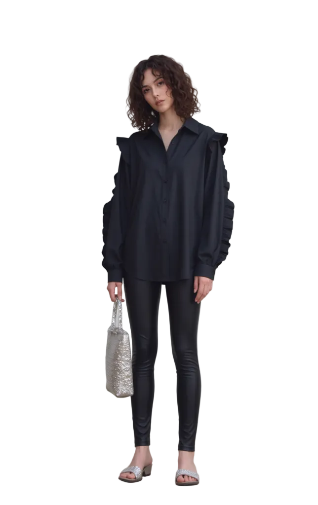 Black Ruffled Long Sleeve Button-Down Blouse - Chic & Trendy Women's Oversized Shirt Top