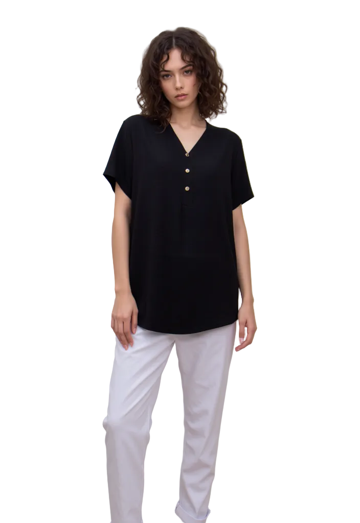 Chic Black V-Neck Button-Front Blouse for Women - Casual Short Sleeve Relaxed Fit Top