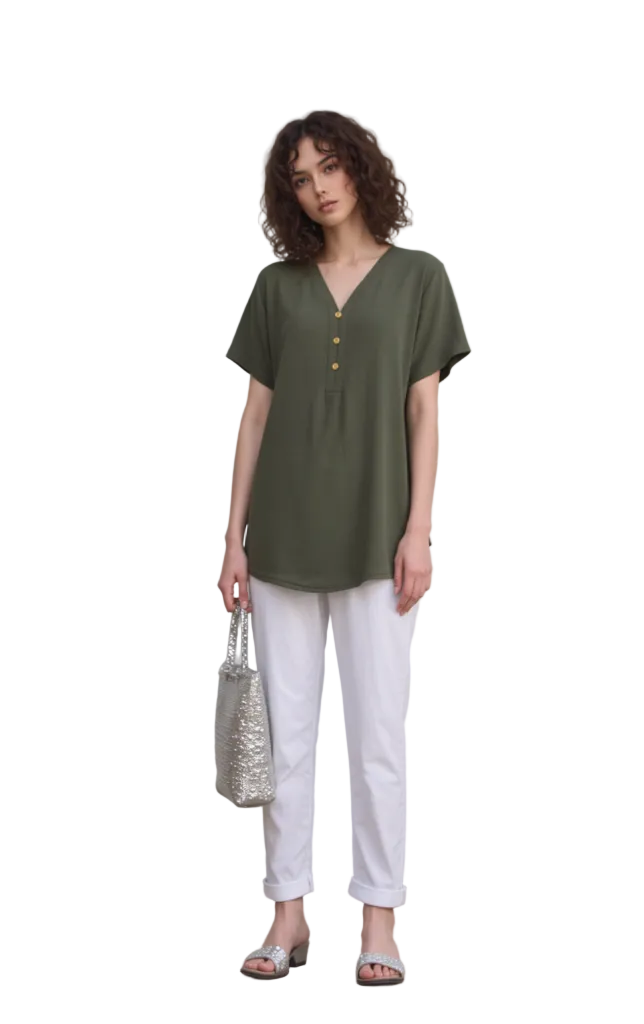 Women's Olive Green Khaki V-Neck Short Sleeve Blouse - Relaxed Fit Button Detail Tunic Top