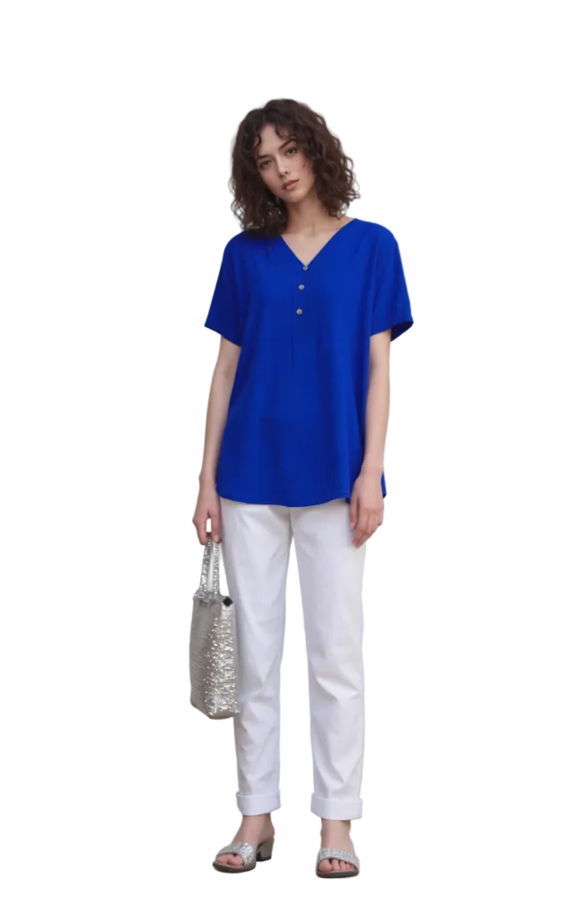 Women's Vibrant Royal Blue V-Neck Short Sleeve Blouse Top - Casual Comfort & Style