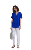 Women's Vibrant Royal Blue V-Neck Short Sleeve Blouse Top - Casual Comfort & Style