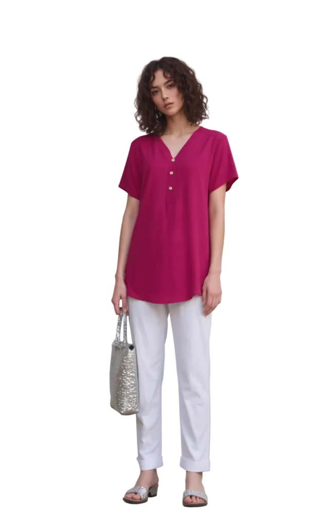 Chic Magenta V-Neck Henley Blouse for Women - Short Sleeve Casual Summer Top