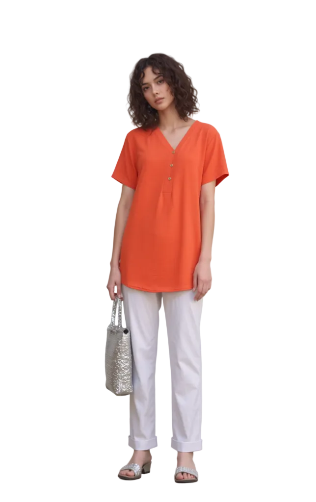 Vibrant Orange Short Sleeve V-Neck Button Front Tunic Top for Women