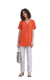 Vibrant Orange Short Sleeve V-Neck Button Front Tunic Top for Women