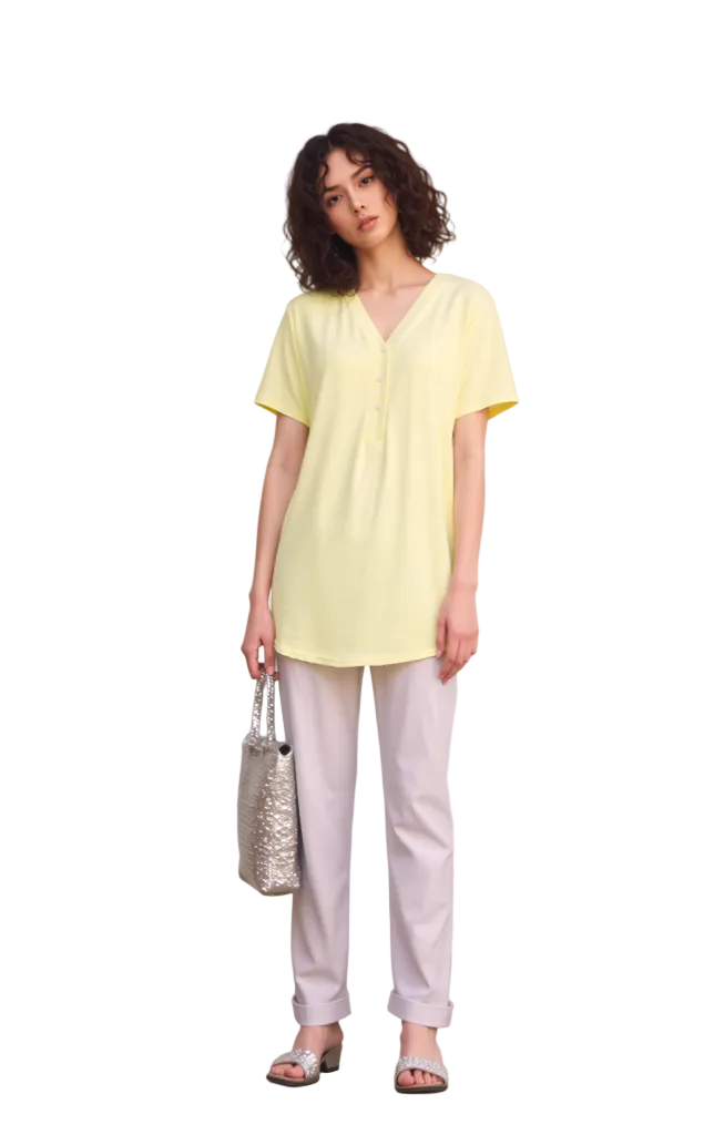 Women's Casual Lemon Yellow V-Neck Henley Tunic Top - Relaxed Fit Short Sleeve Blouse for Summer Comfort