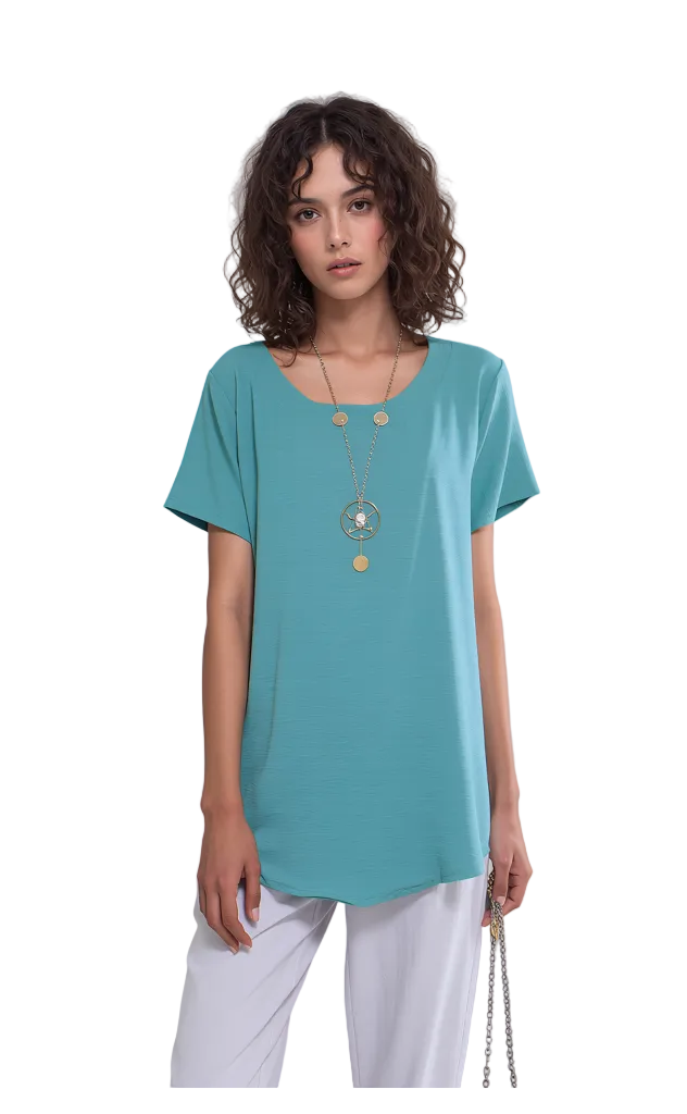 Women's Necklace Aqua Blue Loose Fit Tunic Top Lightweight Short Sleeve Round Neck Blouse