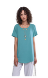 Women's Necklace Aqua Blue Loose Fit Tunic Top Lightweight Short Sleeve Round Neck Blouse