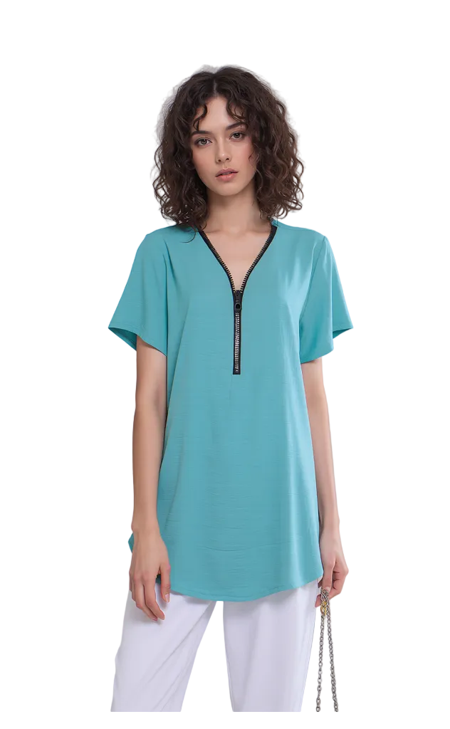 Women's Teal Zipper V-Neck Short Sleeve Top | Relaxed Fit Tunic Blouse for Casual Style