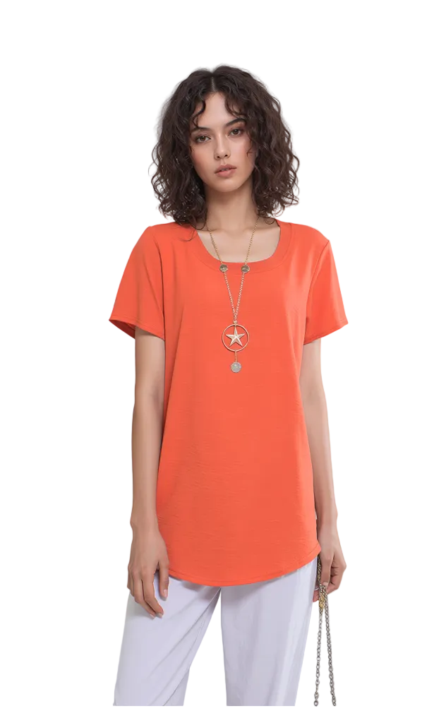 Women's Vibrant Orange Curved Necklace Hem Casual Tunic Top - Short Sleeve & Relaxed Fit